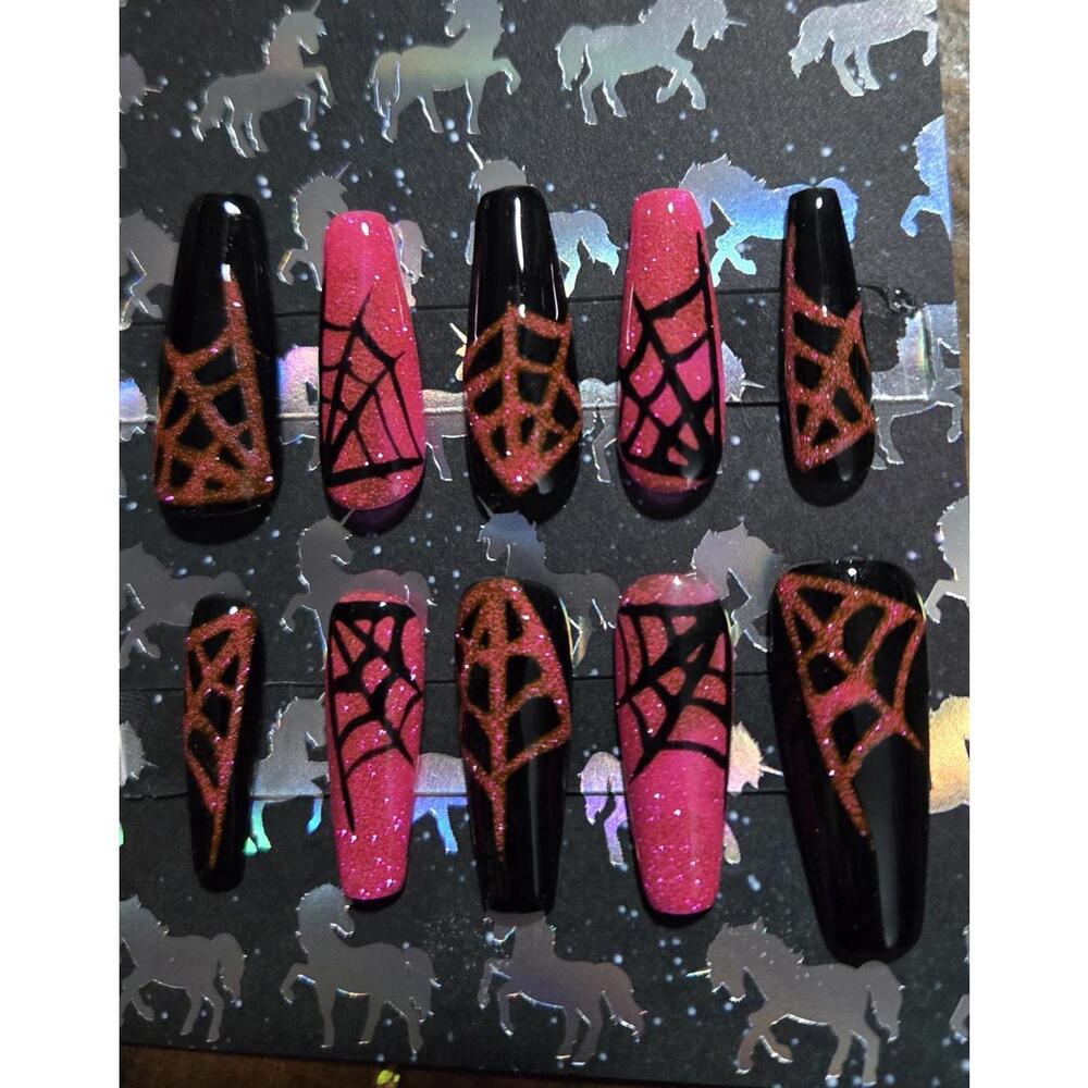 Halloween black and pink spiderweb glitter press on nails custom made